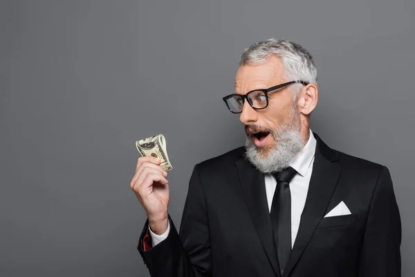 Sorprendido empresario de mediana edad mirando billetes de dólar aislados en gris - foto de stock