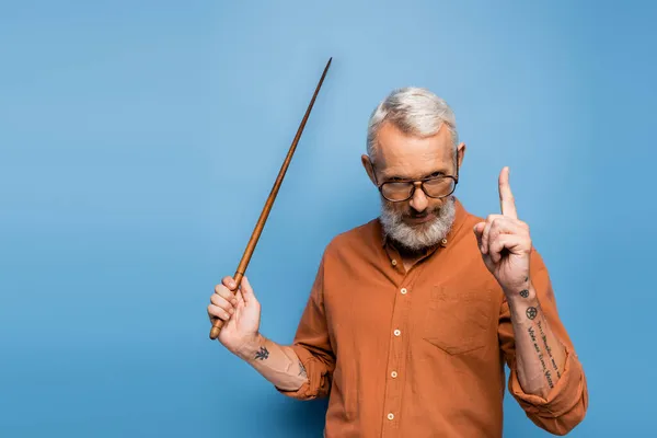 Profesor de mediana edad tatuado en gafas sosteniendo puntero palo y señalando con el dedo en azul - foto de stock