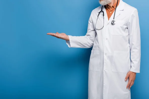 Cropped view of bearded middle aged doctor in white coat pointing with hand on blue — Stock Photo