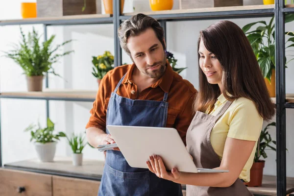 Positive florist in apron holding laptop near colleague with notebook in flower shop — Stock Photo