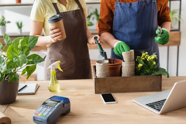 Cropped view of florist with coffee to go standing near colleague with gardening tools and devices in shop — Stock Photo