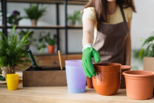 Vista ritagliata del fiorista in guanto che prende vaso da fiori vicino alla pianta offuscata nel negozio di fiori — Foto stock