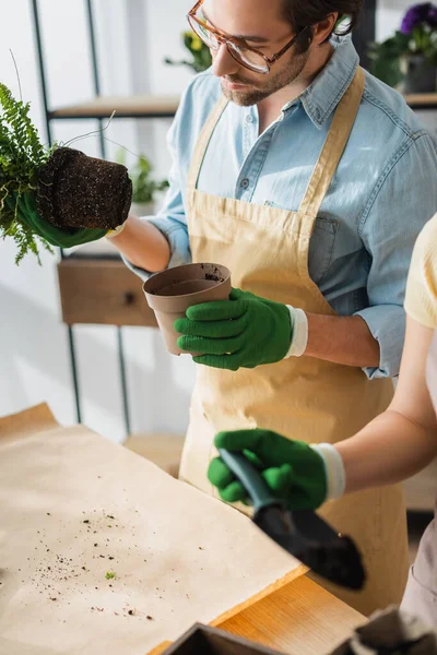 Florist mit Brille hält Pflanze und Blumentopf neben verschwommenem Kollegen im Geschäft — Stockfoto