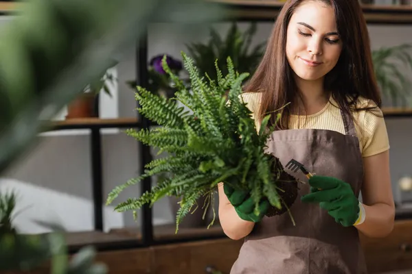 Bruna fiorista in guanti che tengono rastrello e pianta in negozio di fiori — Foto stock