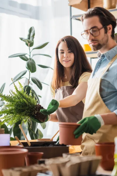 Floristería sosteniendo la planta y señalando con la mano cerca de herramientas de jardinería y colega en floristería - foto de stock