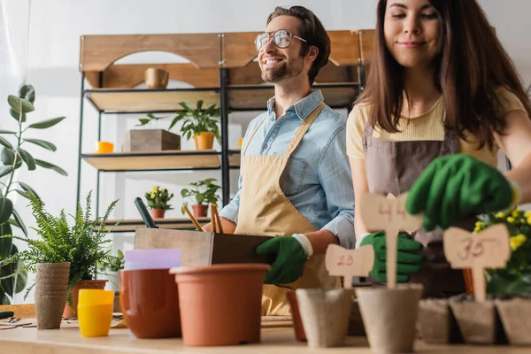 Fioristi sorridenti che lavorano con vasi da fiori e cartellini dei prezzi nel negozio di fiori — Foto stock