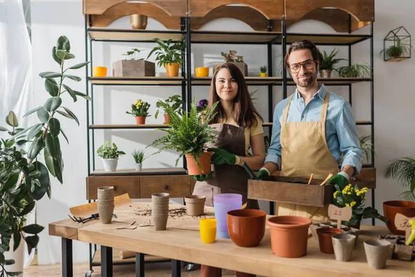 Floristas sorridentes em aventais segurando caixa com chão e planta em loja de flores — Fotografia de Stock