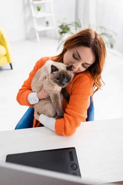 Visão de alto ângulo da mulher abraçando gato perto de tablet gráfico na mesa de trabalho em casa — Fotografia de Stock