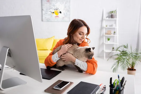 Feliz freelancer holding cat mientras está sentado en el escritorio cerca de la tableta gráfica y el ordenador - foto de stock