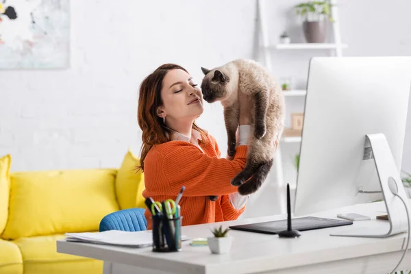 Designer feliz segurando gato perto do computador e tablet gráfico na mesa — Fotografia de Stock