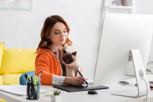 Позитивна жінка працює на графічному планшеті, сидячи з кішкою на робочому столі — стокове фото