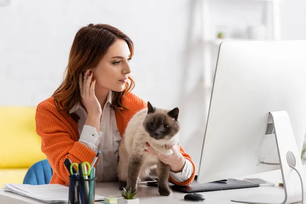 Jeune freelance réglage écouteur tandis que assis avec chat au bureau à la maison — Photo de stock