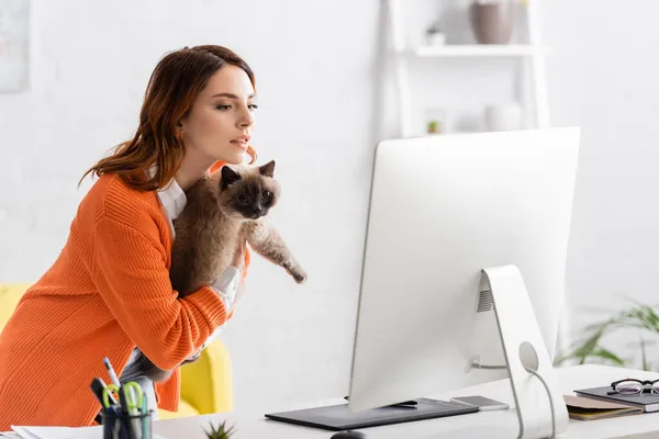 Junge Frau hält Katze beim Blick auf Computerbildschirm auf Schreibtisch zu Hause — Stockfoto