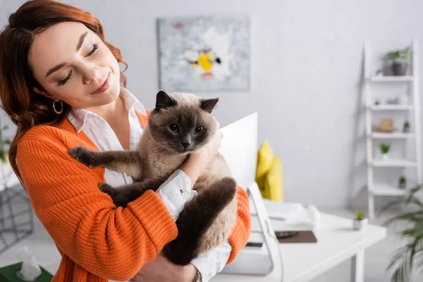 Mulher feliz segurando gato perto de monitor de computador borrado em casa — Fotografia de Stock