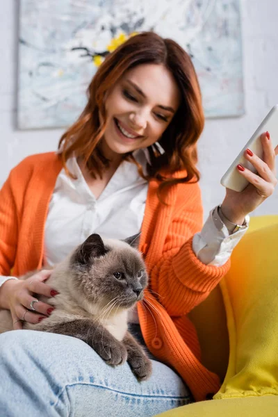 Femme heureuse câlin chat assis sur le canapé avec téléphone mobile, fond creusé — Photo de stock