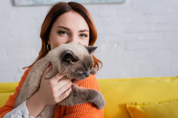 Mujer joven y positiva mirando a la cámara mientras sostiene el gato en casa - foto de stock