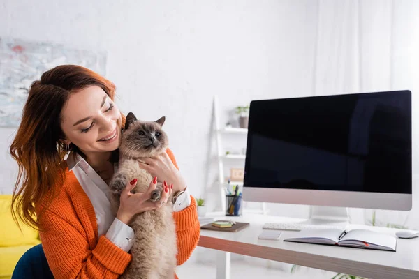 Mujer feliz sosteniendo gato peludo cerca del monitor de la computadora con pantalla en blanco en el escritorio - foto de stock