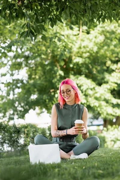 Mulher feliz com cabelo rosa e óculos segurando copo de papel e olhando para laptop na grama — Fotografia de Stock