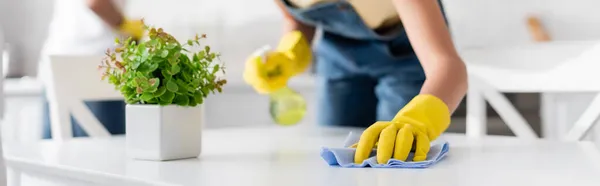 Vista ritagliata della donna africana americana che pulisce il tavolo da pranzo con straccio vicino al fidanzato offuscato, banner — Foto stock