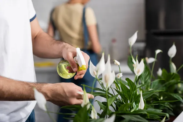 Cropped view of man spraying water on plant near blurred african american woman — Stock Photo