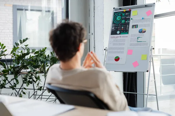 Flipchart mit Diagrammen in der Nähe verschwommener Geschäftsmann im Büro — Stockfoto