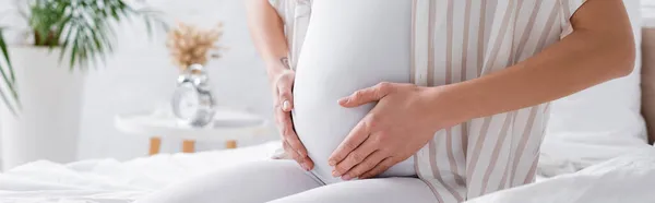 Vista parcial de la mujer embarazada tocando el vientre en el dormitorio, pancarta — Stock Photo