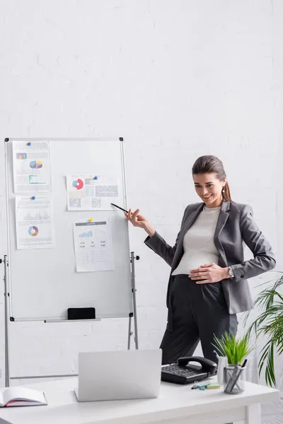 Lächelnde schwangere Geschäftsfrau zeigt beim Videoanruf am Laptop auf Flipchart mit Chats und Grafiken — Stockfoto