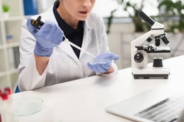 Cropped view of scientist in white coat holding petri dish and electronic pipette in lab — Stock Photo