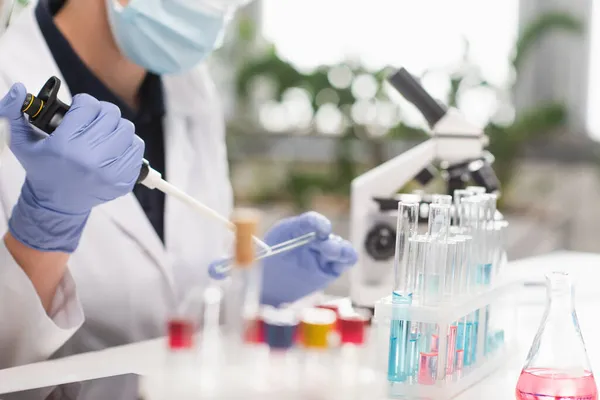 Vista recortada del científico en guantes de látex que sostiene la pipeta electrónica y la placa de Petri cerca de los tubos de ensayo en el laboratorio - foto de stock