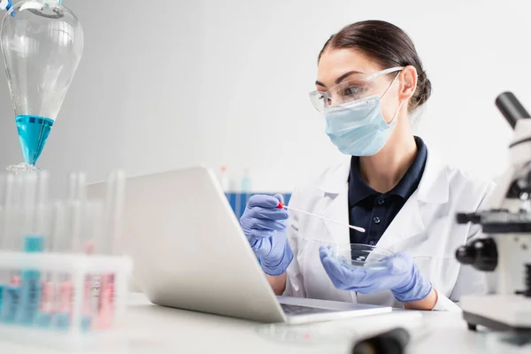 Scientifique en masque médical tenant un test pcr et une boîte de Pétri près d'un ordinateur portable et d'un microscope en laboratoire — Photo de stock