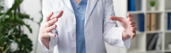 Cropped view of doctor gesturing in clinic, banner — Stock Photo