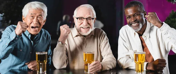 Joyeux amis multiculturels aînés montrant geste de triomphe tout en regardant match de football dans un pub de bière, bannière — Photo de stock