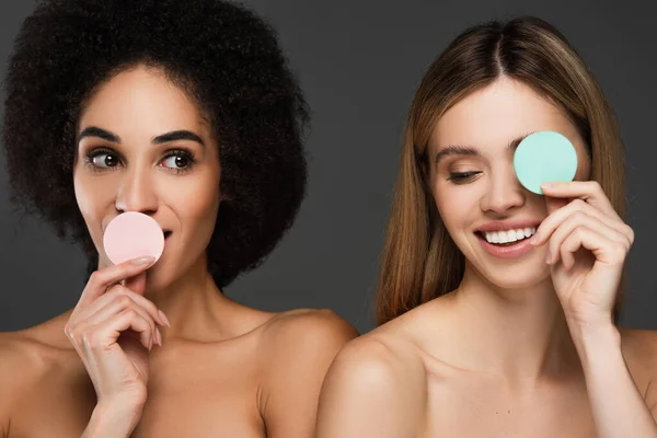 Mulheres multiétnicas alegres com ombros nus segurando esponjas cosméticas perto de rostos isolados em cinza — Fotografia de Stock