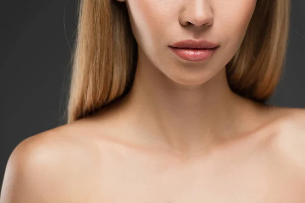 Close up view of cropped young woman with perfect skin isolated on grey — Stock Photo