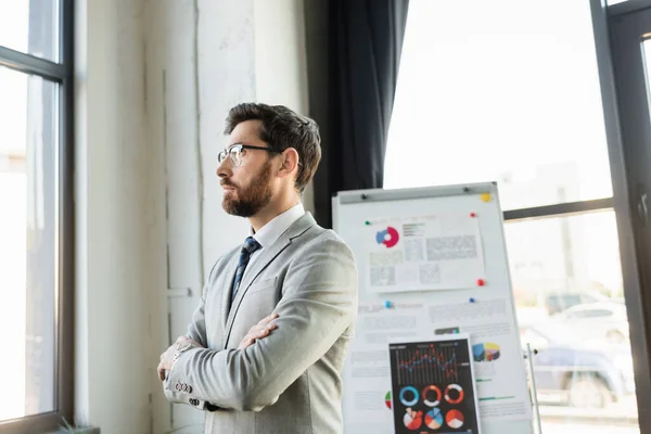 Businessman in suit standing with crossed arms near blurred flip chart in office — Stock Photo