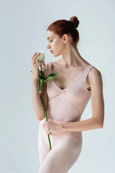Рыжая балерина с закрытыми глазами, пахнущая розой, изолированная на сером — стоковое фото