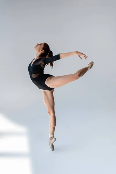 Volle Länge der flexiblen und jungen Ballerina im schwarzen Body, die auf grau tanzt — Stockfoto