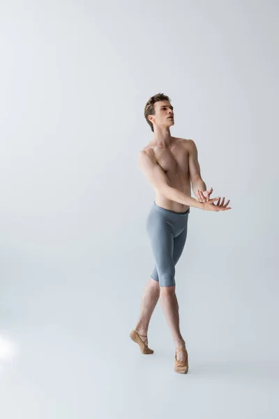 По всей длине изящного балетного танцора, жестикулирующего на сером — стоковое фото