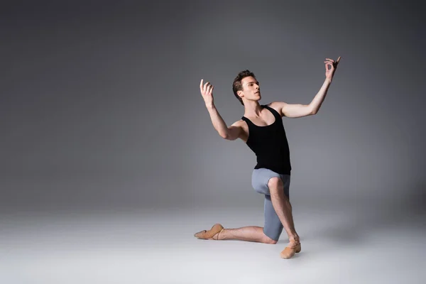 Toute la longueur du danseur de ballet gracieux debout sur le genou tout en exécutant la danse de ballet sur gris foncé — Photo de stock