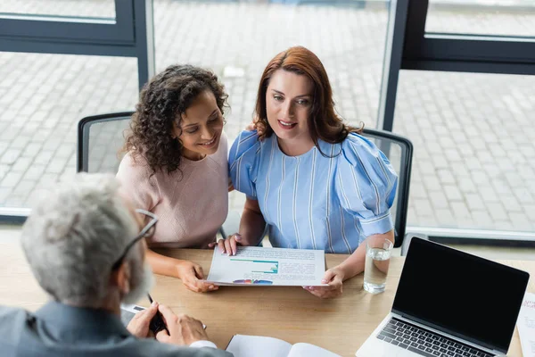 Donne lesbiche multietniche sorridenti che guardano i grafici ipotecari vicino al computer portatile con schermo bianco e agente immobiliare offuscata — Foto stock