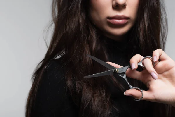 Vista recortada de mujer joven en cuello alto negro sosteniendo tijeras cerca de pelo largo aislado en gris - foto de stock