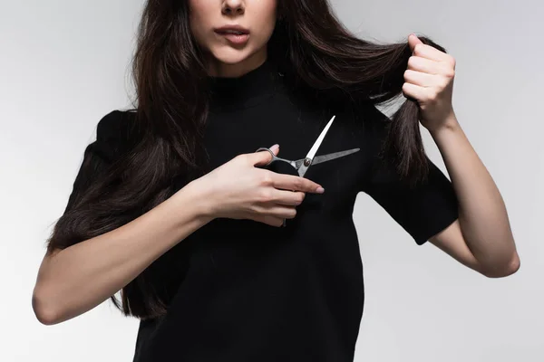 Частковий вигляд молодої жінки, що кусає губи і тримає ножиці біля довгого пошкодженого волосся ізольовані на сірому — стокове фото