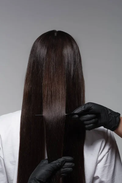 Back view of woman with smooth long hair near colorist in latex gloves isolated on grey — Stock Photo