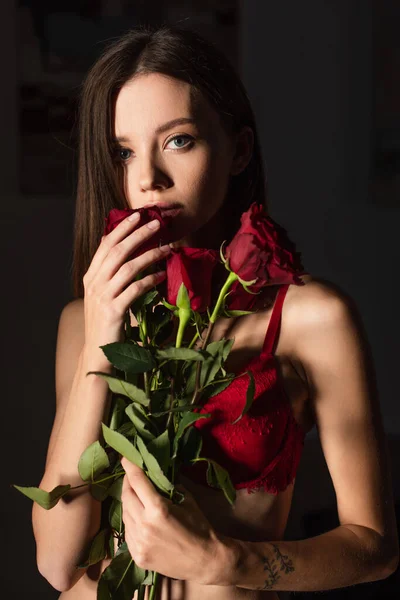 Sexy mujer tatuada en sujetador rojo mirando a la cámara mientras sostiene rosas frescas sobre fondo oscuro - foto de stock