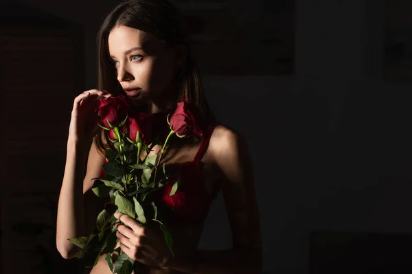 Сексуальна жінка з червоними трояндами дивиться на темний фон — стокове фото