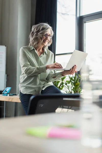 Усміхнена сіро-волохата бізнес-леді використовує ноутбук в офісі — стокове фото