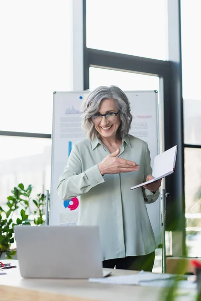 Positive businesswoman pointing at notebook during video call on laptop in office — Stock Photo