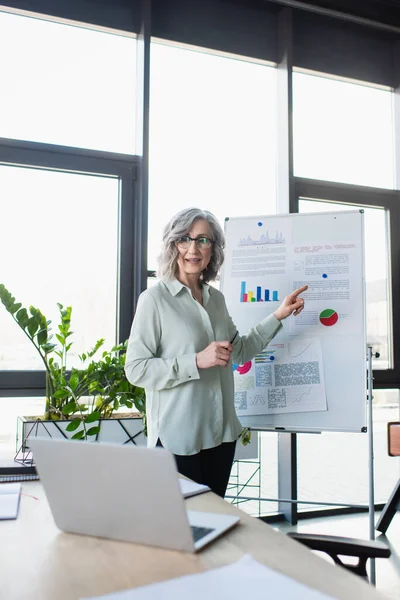 Femme d'affaires souriante pointant vers flip chart pendant l'appel vidéo sur ordinateur portable flou dans le bureau — Photo de stock