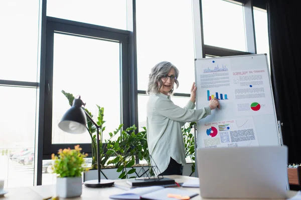 Mature businesswoman standing near flip chart during video call on laptop in office — Stock Photo