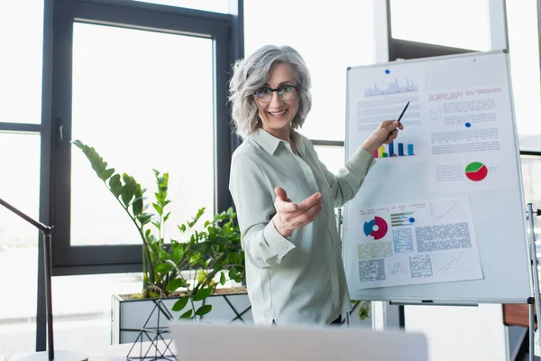 Lächelnde reife Geschäftsfrau zeigt bei Videoanruf in der Nähe von Flipchart im Büro auf Laptop — Stockfoto